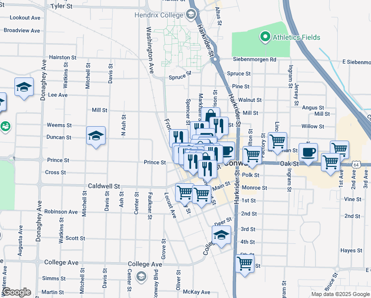 map of restaurants, bars, coffee shops, grocery stores, and more near 1025 Markham Street in Conway