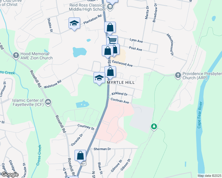 map of restaurants, bars, coffee shops, grocery stores, and more near 2510 Ramsey Street in Fayetteville