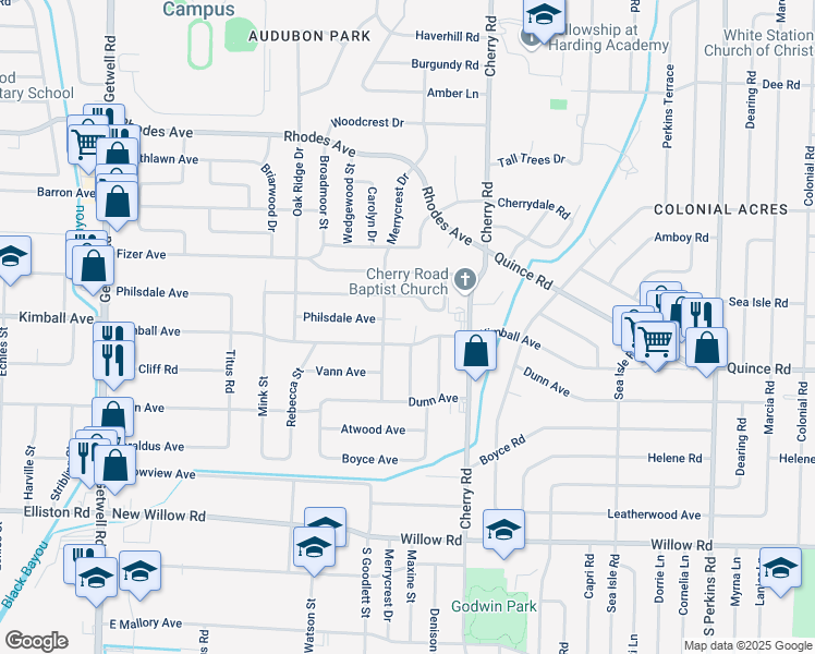 map of restaurants, bars, coffee shops, grocery stores, and more near 4288 Kimball Avenue in Memphis