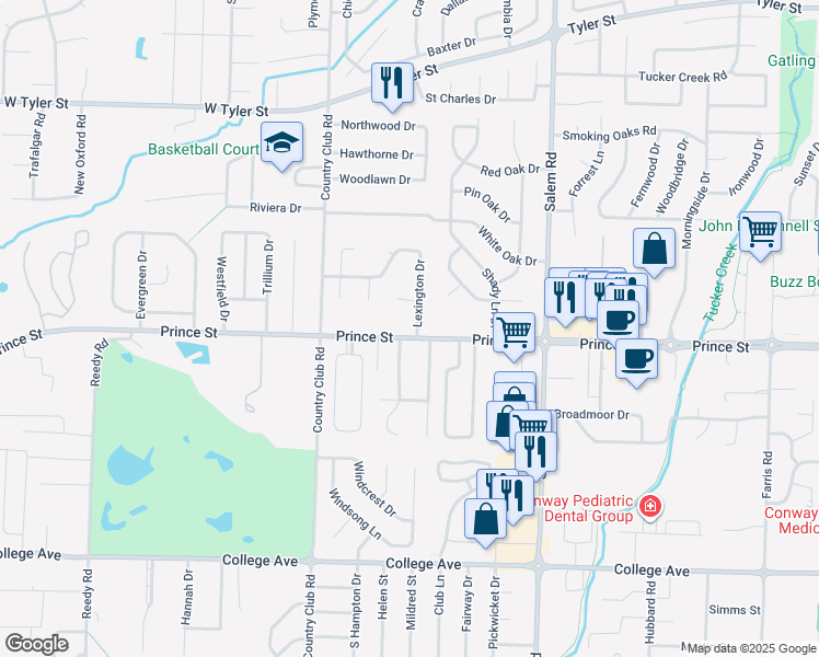 map of restaurants, bars, coffee shops, grocery stores, and more near 1 Lexington Drive in Conway