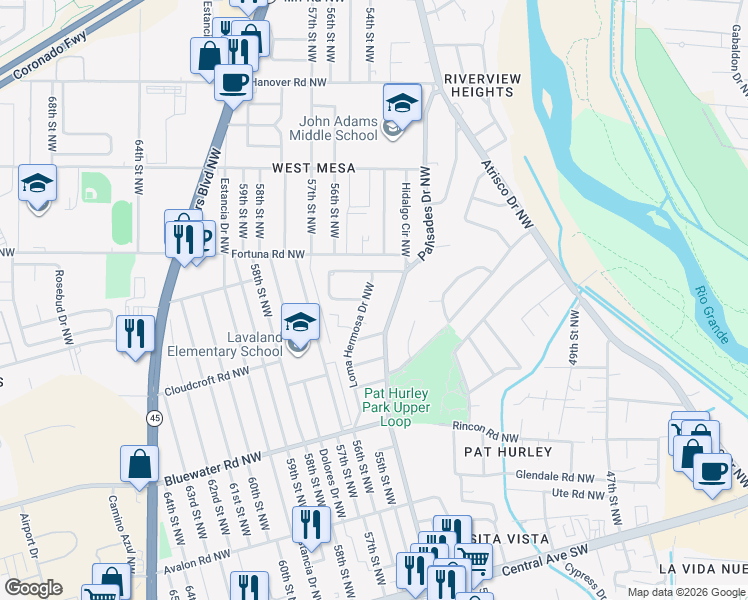 map of restaurants, bars, coffee shops, grocery stores, and more near 528 Loma Hermosa Drive Northwest in Albuquerque