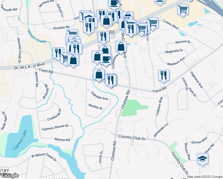 map of restaurants, bars, coffee shops, grocery stores, and more near 3515 Trent Road in New Bern