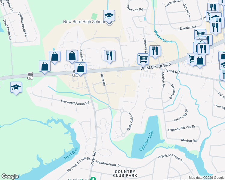 map of restaurants, bars, coffee shops, grocery stores, and more near 102-104 Belles Way in New Bern