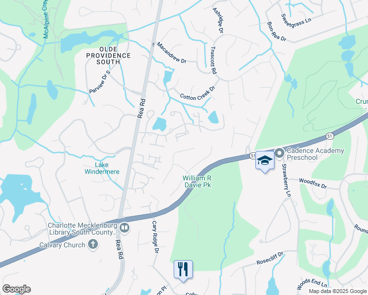 map of restaurants, bars, coffee shops, grocery stores, and more near 4528 Binfords Ridge Road in Charlotte