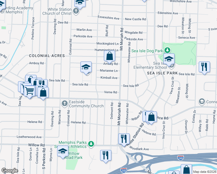 map of restaurants, bars, coffee shops, grocery stores, and more near 4918 Verne Road in Memphis
