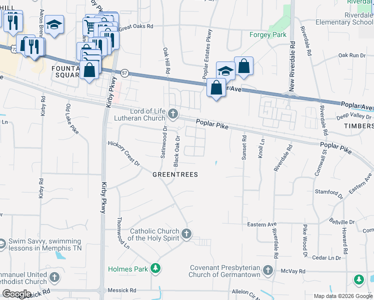 map of restaurants, bars, coffee shops, grocery stores, and more near 2068 Black Oak Drive in Memphis