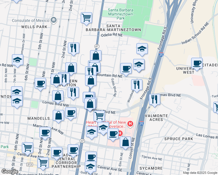 map of restaurants, bars, coffee shops, grocery stores, and more near 1011 Edith Boulevard Northeast in Albuquerque