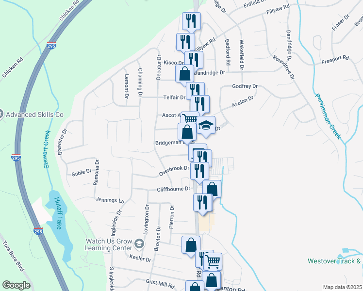 map of restaurants, bars, coffee shops, grocery stores, and more near 7509 Bridgeman Drive in Fayetteville