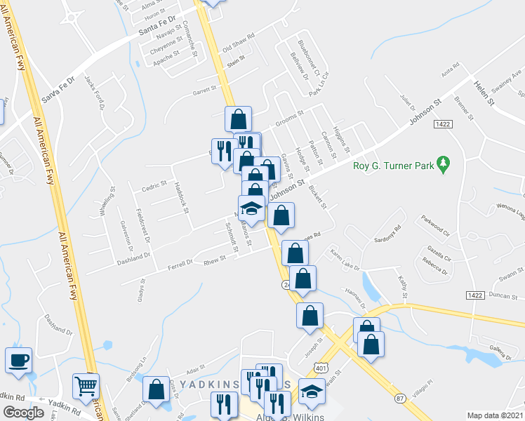 map of restaurants, bars, coffee shops, grocery stores, and more near 4947 Bragg Blvd in Fayetteville