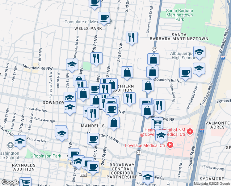 map of restaurants, bars, coffee shops, grocery stores, and more near 100-198 Marble Avenue Northwest in Albuquerque