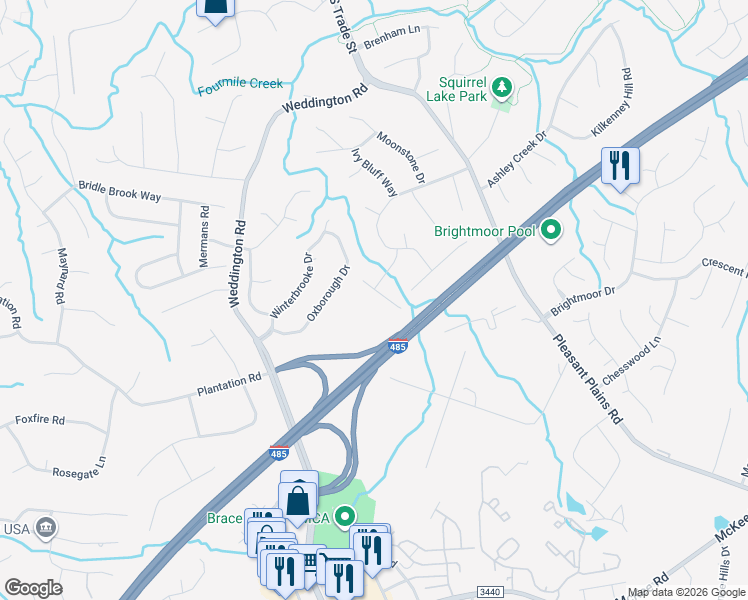 map of restaurants, bars, coffee shops, grocery stores, and more near 1936 Wilrose Place in Matthews