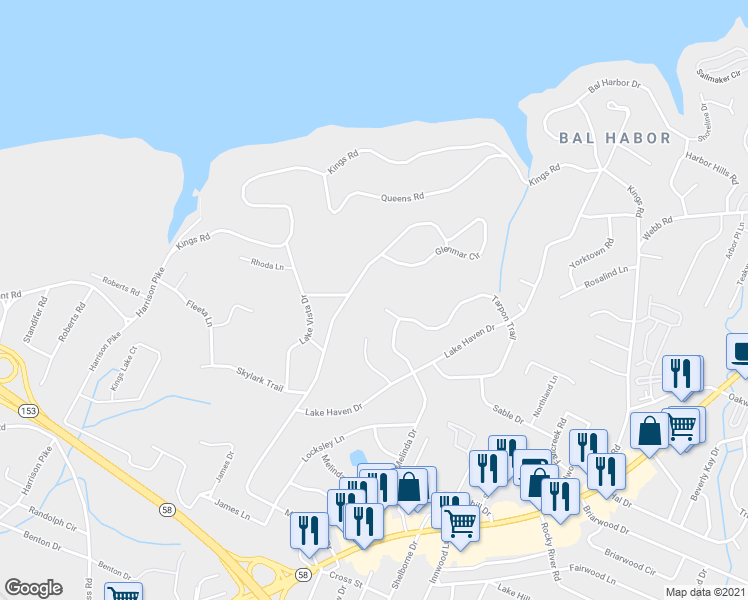 map of restaurants, bars, coffee shops, grocery stores, and more near 4581 Tarpon Trail in Chattanooga