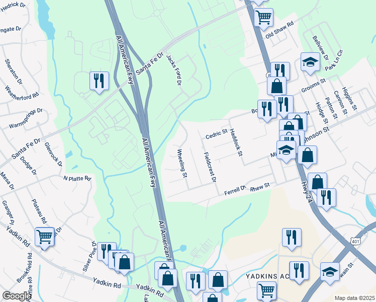 map of restaurants, bars, coffee shops, grocery stores, and more near 4987 Galveston Drive in Fayetteville