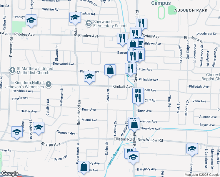 map of restaurants, bars, coffee shops, grocery stores, and more near 1437 Leslie Cove in Memphis