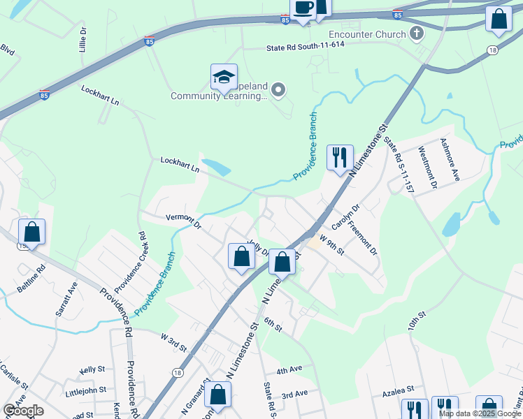 map of restaurants, bars, coffee shops, grocery stores, and more near 135 Mattie Street in Gaffney