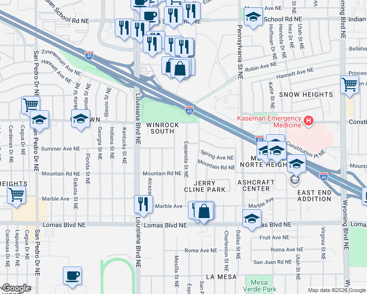 map of restaurants, bars, coffee shops, grocery stores, and more near 1309 Espanola Street Northeast in Albuquerque