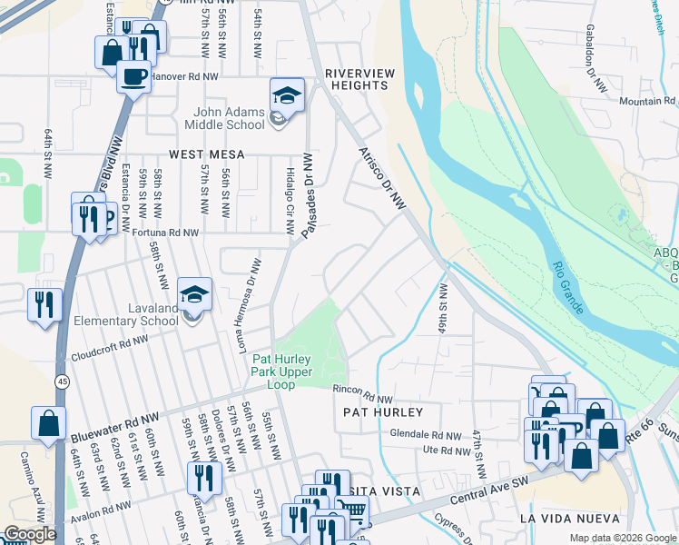 map of restaurants, bars, coffee shops, grocery stores, and more near 5160 Lomas De Atrisco Road Northwest in Albuquerque