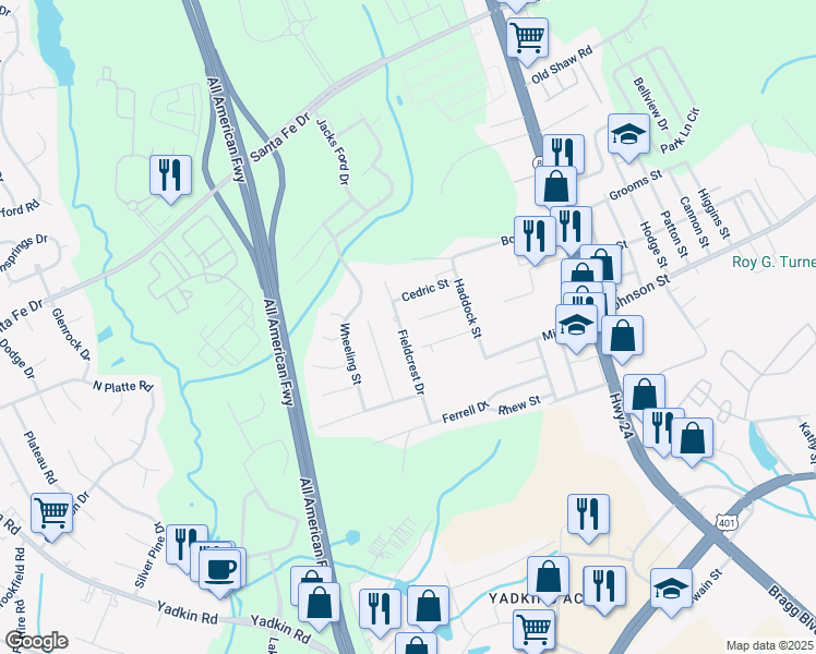 map of restaurants, bars, coffee shops, grocery stores, and more near 4955 Fieldcrest Drive in Fayetteville