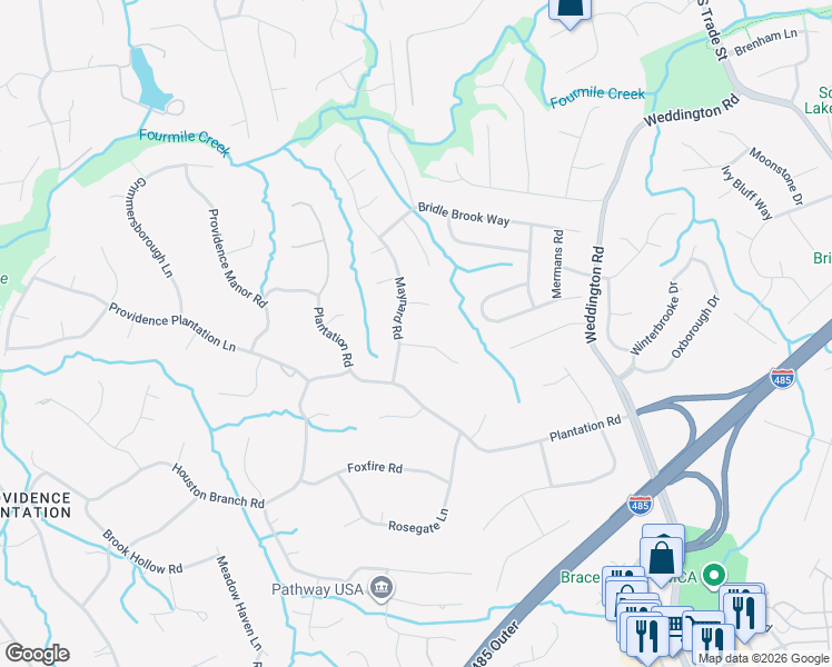map of restaurants, bars, coffee shops, grocery stores, and more near 2515 Old Barn Road in Charlotte