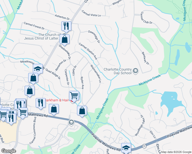 map of restaurants, bars, coffee shops, grocery stores, and more near 5704 Cedar Crest Court in Charlotte