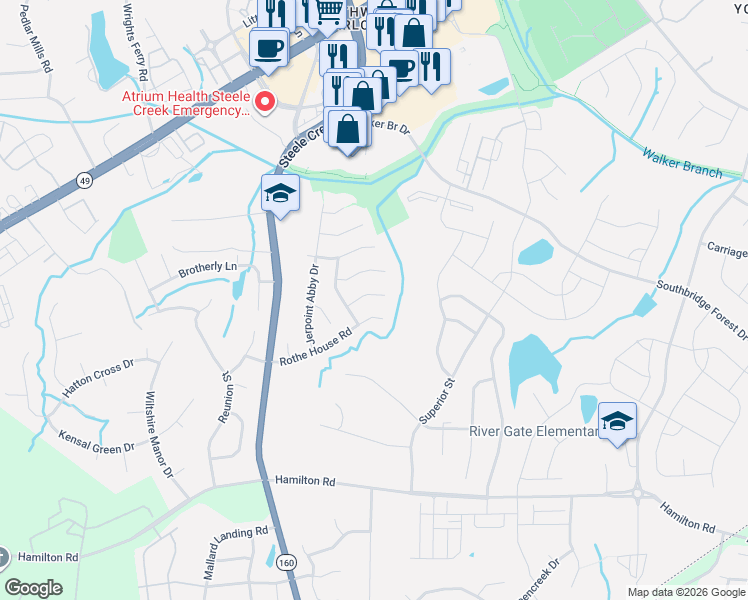 map of restaurants, bars, coffee shops, grocery stores, and more near 12922 Rothe House Road in Charlotte