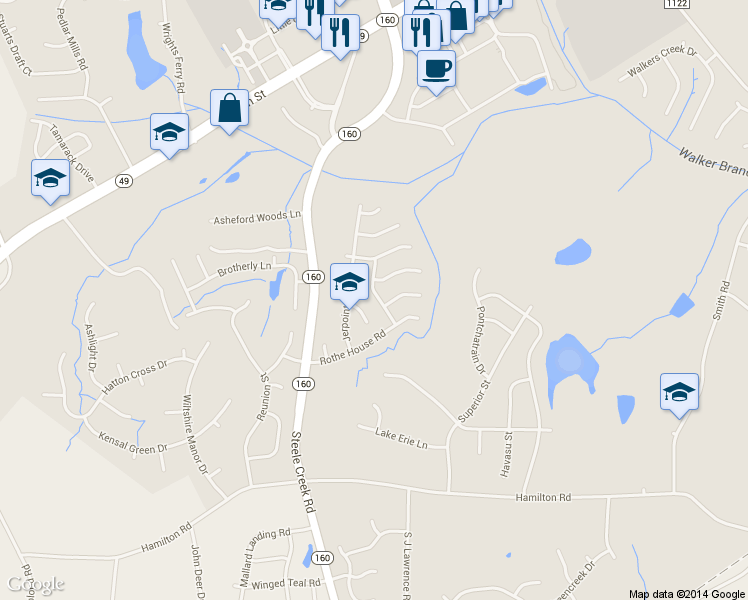 map of restaurants, bars, coffee shops, grocery stores, and more near 13014 Ballyhack Court in Charlotte