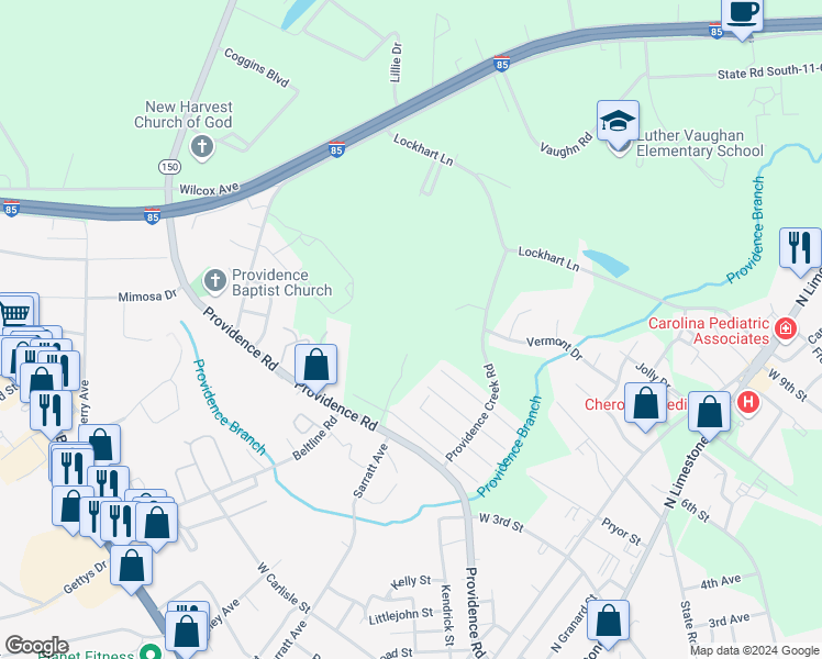 map of restaurants, bars, coffee shops, grocery stores, and more near 129 Providence Creek Road in Gaffney