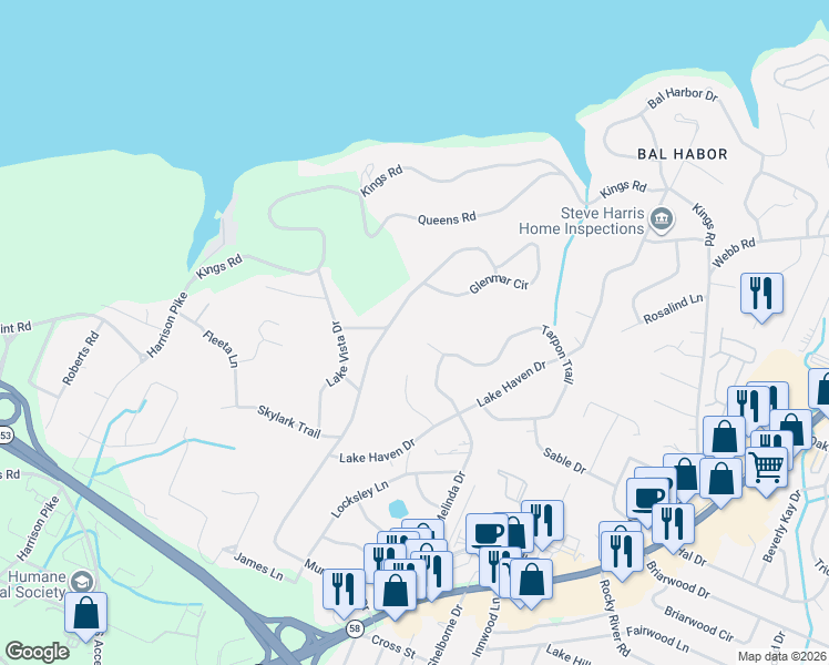 map of restaurants, bars, coffee shops, grocery stores, and more near 4581 Tarpon Trail in Chattanooga