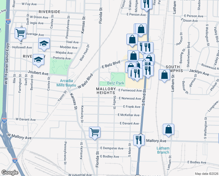 map of restaurants, bars, coffee shops, grocery stores, and more near 39 East Fernwood Avenue in Memphis