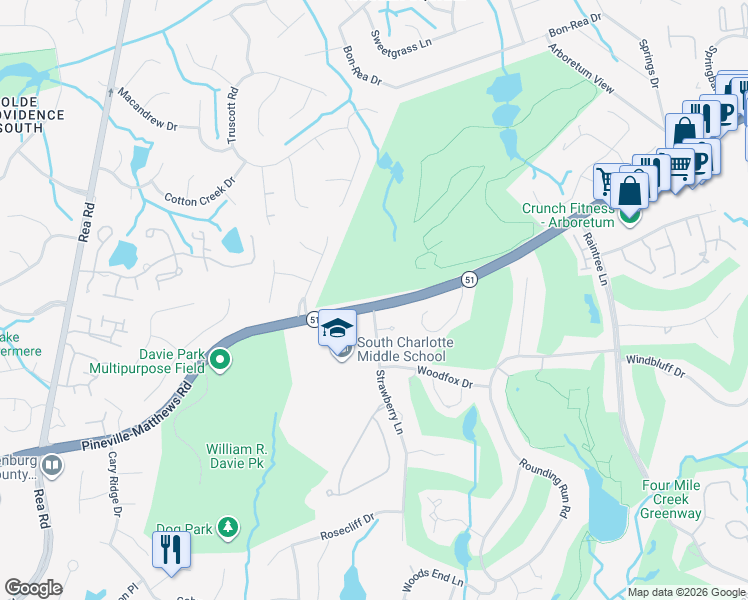 map of restaurants, bars, coffee shops, grocery stores, and more near 4132 Pineville-Matthews Road in Charlotte