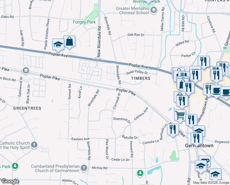 map of restaurants, bars, coffee shops, grocery stores, and more near 7237 Poplar Pike in Germantown