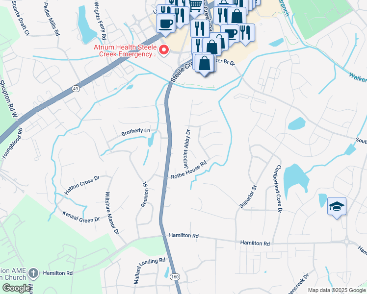 map of restaurants, bars, coffee shops, grocery stores, and more near 14936 Jerpoint Abby Drive in Charlotte