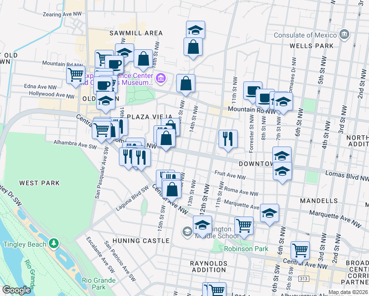 map of restaurants, bars, coffee shops, grocery stores, and more near 330 Lomas Boulevard Northwest in Albuquerque