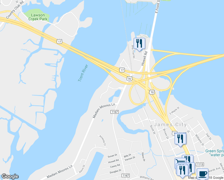 map of restaurants, bars, coffee shops, grocery stores, and more near 201 Bridge Pointe Drive in New Bern