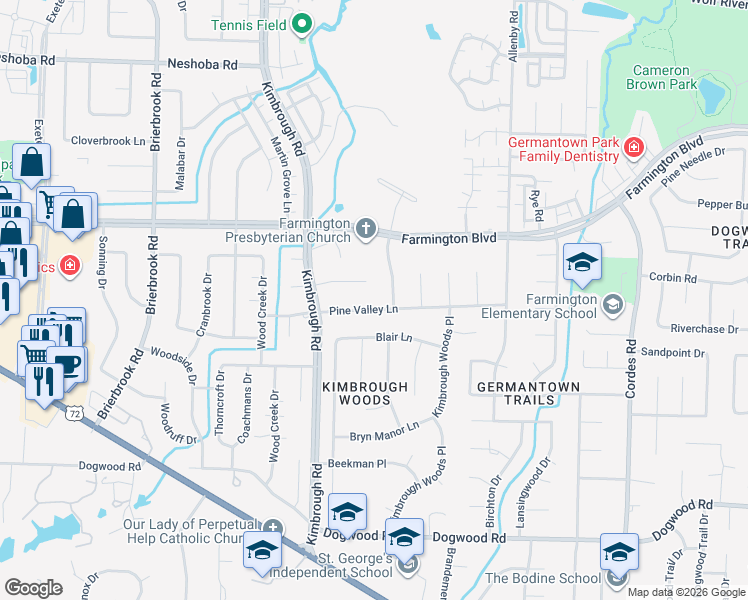 map of restaurants, bars, coffee shops, grocery stores, and more near 8236 Pine Valley Lane in Germantown