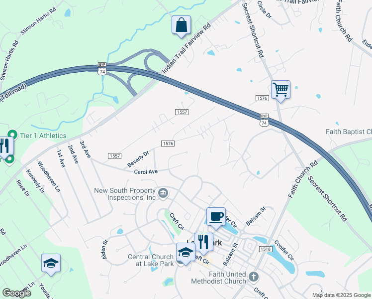 map of restaurants, bars, coffee shops, grocery stores, and more near 6627 Courtland Street in Indian Trail