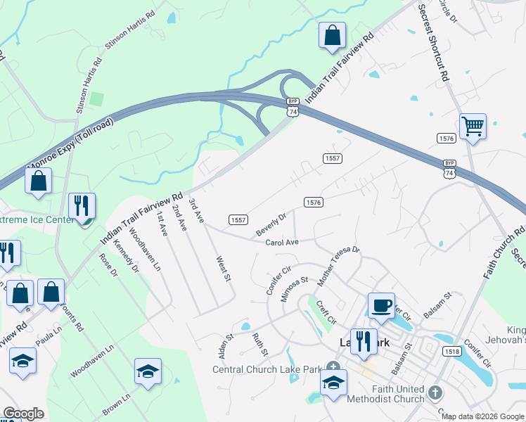 map of restaurants, bars, coffee shops, grocery stores, and more near 5216 Reid Road in Indian Trail