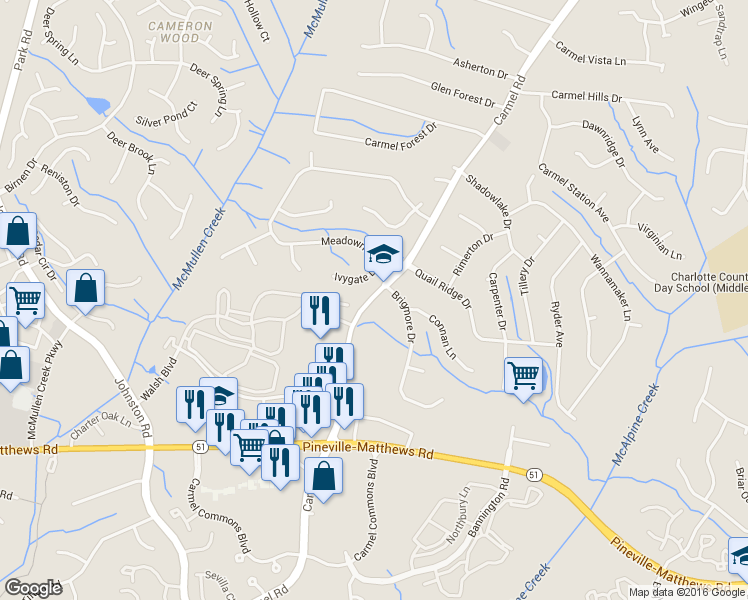 map of restaurants, bars, coffee shops, grocery stores, and more near 6203 Carmel Rd in Charlotte