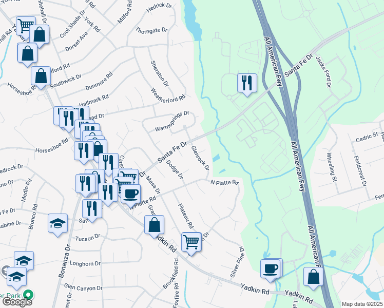 map of restaurants, bars, coffee shops, grocery stores, and more near 5512 Lariat Court in Fayetteville