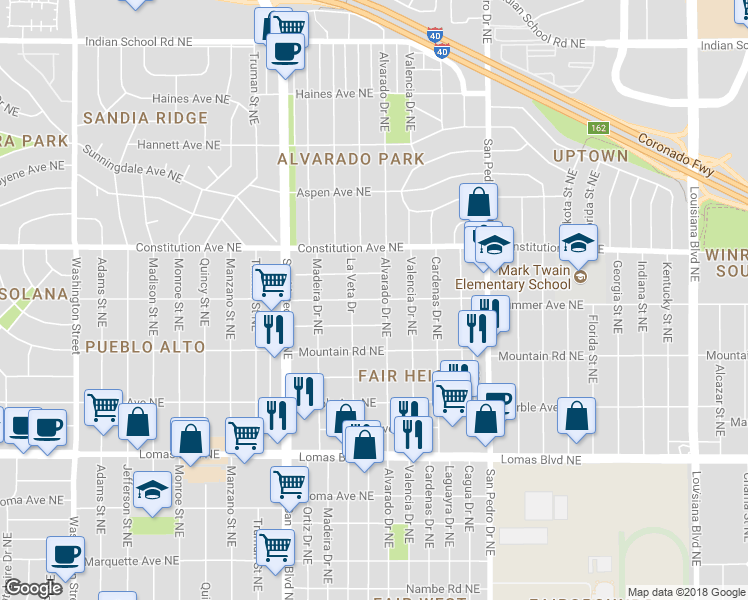 map of restaurants, bars, coffee shops, grocery stores, and more near 5512 Summer Avenue Northeast in Albuquerque