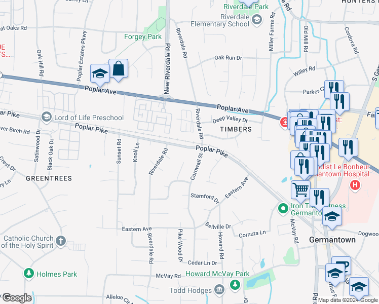 map of restaurants, bars, coffee shops, grocery stores, and more near 7227 Poplar Pike in Germantown
