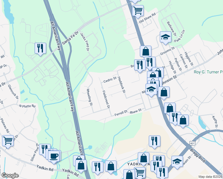map of restaurants, bars, coffee shops, grocery stores, and more near 446 Allwood Drive in Fayetteville