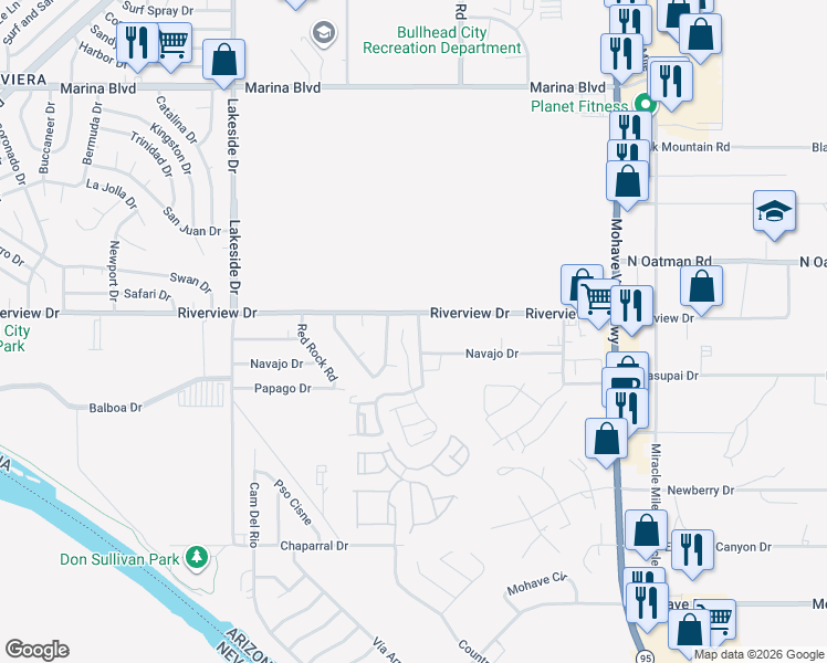 map of restaurants, bars, coffee shops, grocery stores, and more near 2252 Acoma Place in Bullhead City