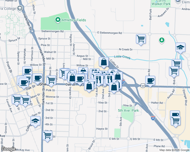 map of restaurants, bars, coffee shops, grocery stores, and more near 126 Oak Street in Conway