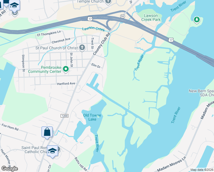 map of restaurants, bars, coffee shops, grocery stores, and more near 2102 Hidden Harbor Drive in New Bern