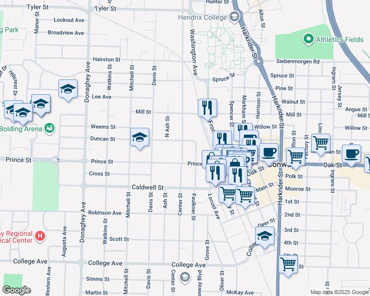 map of restaurants, bars, coffee shops, grocery stores, and more near 1030 Clifton Street in Conway