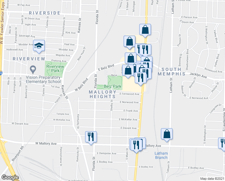 map of restaurants, bars, coffee shops, grocery stores, and more near 78 East Fernwood Avenue in Memphis