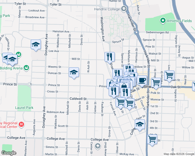 map of restaurants, bars, coffee shops, grocery stores, and more near 1018 Clifton Street in Conway
