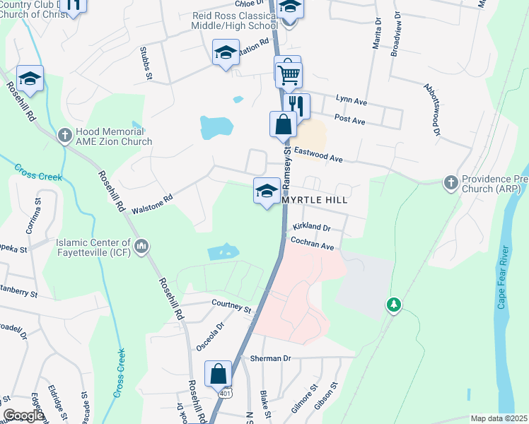 map of restaurants, bars, coffee shops, grocery stores, and more near 2517 Ramsey Street in Fayetteville