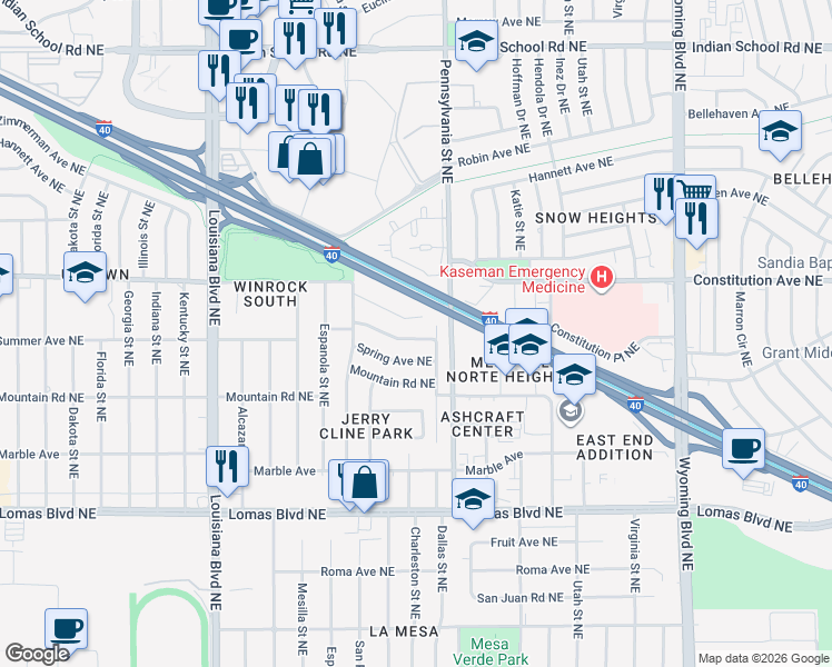 map of restaurants, bars, coffee shops, grocery stores, and more near 7700 Summer Avenue Northeast in Albuquerque